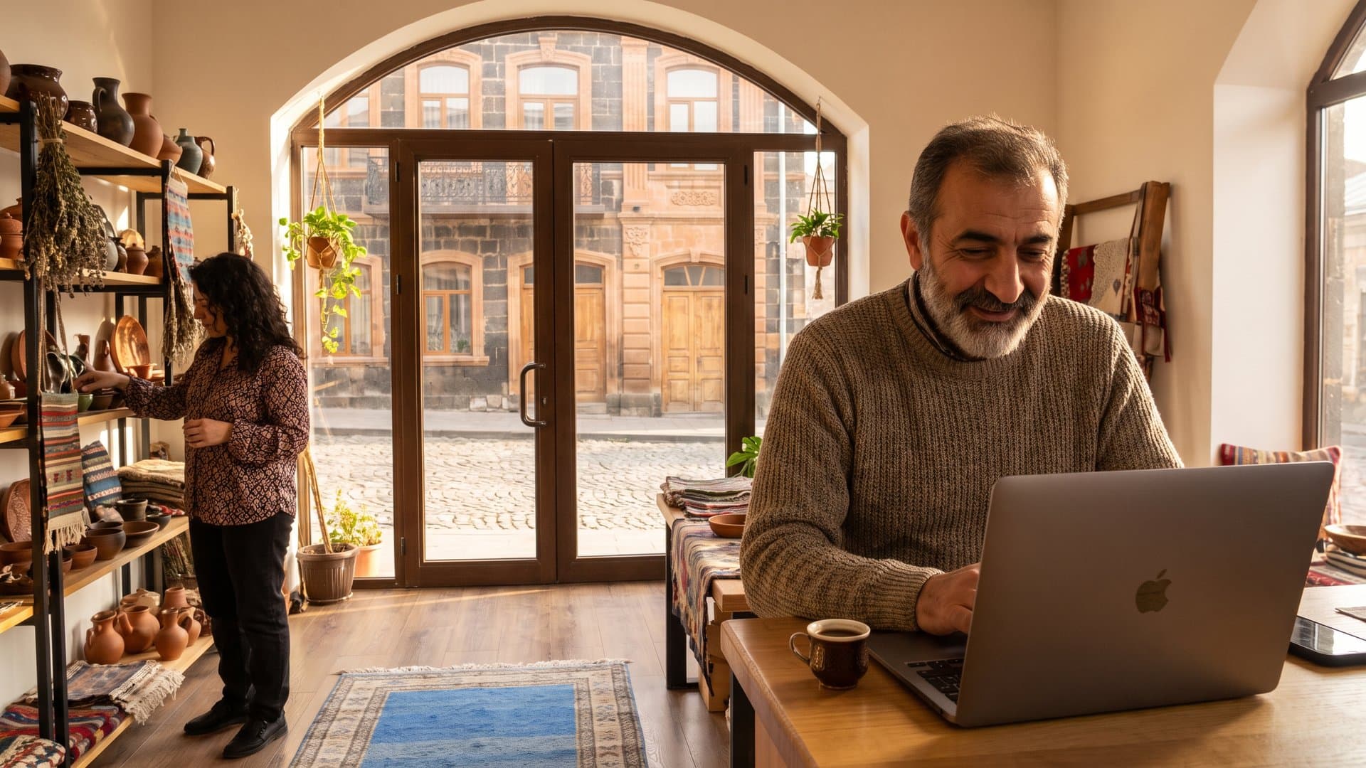 Փոքր խանութի տերը ժպտում է վաճառասեղանի նոութբուքի առաջ