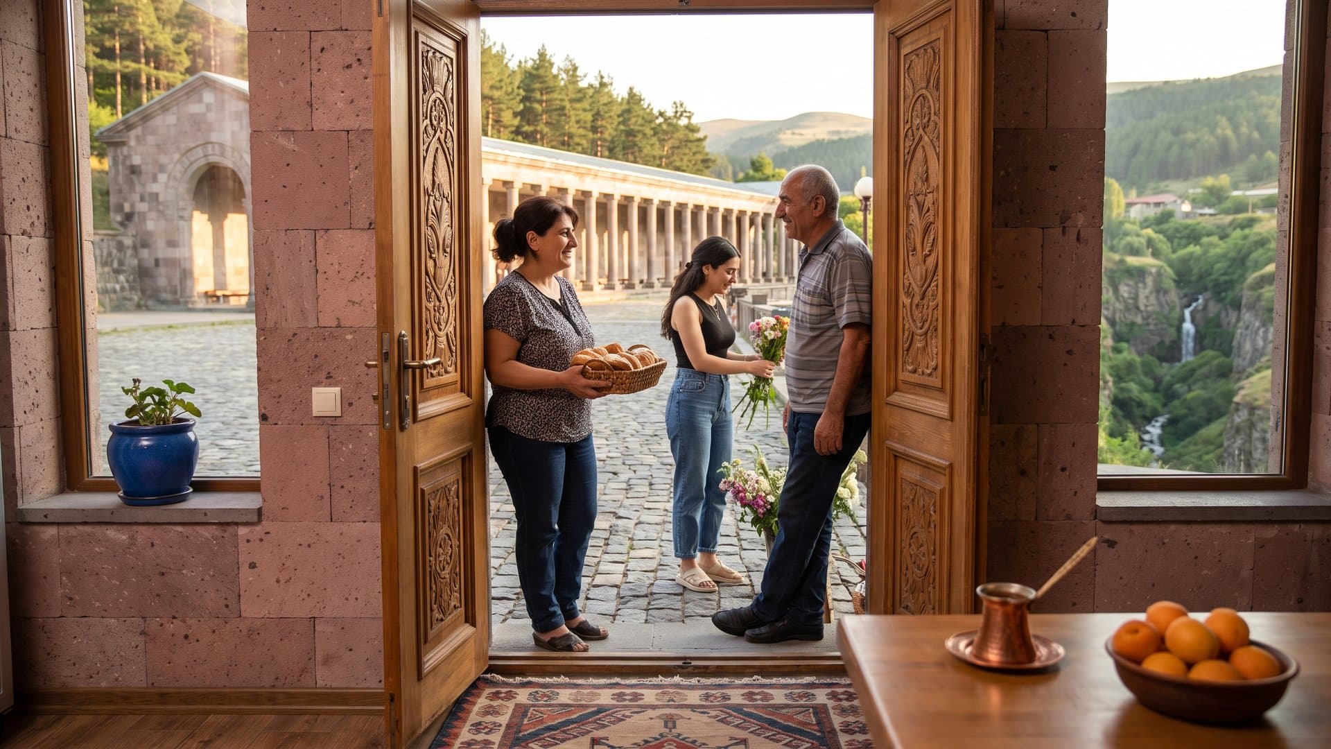 Փոքր խանութներով փողոց ոսկե լույսի ներքո, տերերը զրուցում են դռների մոտ