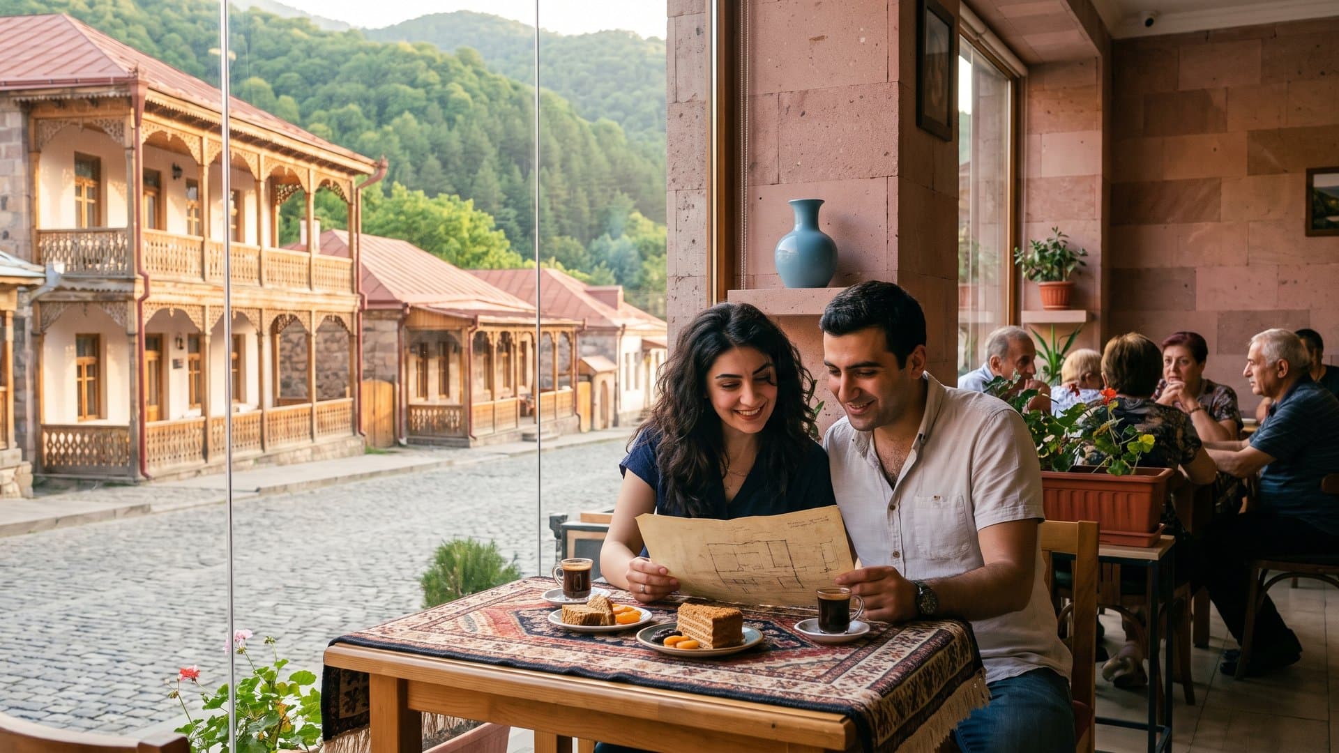Փոքր հրուշակեղենի խանութ ունեցող զույգը սուրճի շուրջ ուսումնասիրում է պարզ պլանը