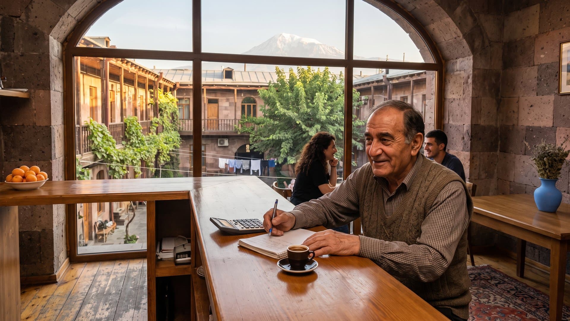 Փոքր ընտանեկան ռեստորանի տերը կեսօրից հետո հաշվարկներ է անում վաճառասեղանի մոտ