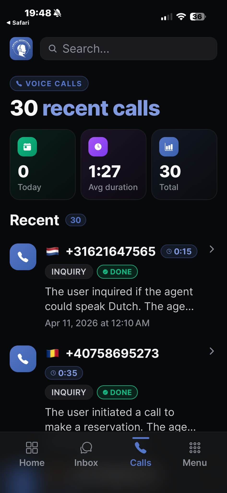 Virtual Receptionist app — Voice Calls